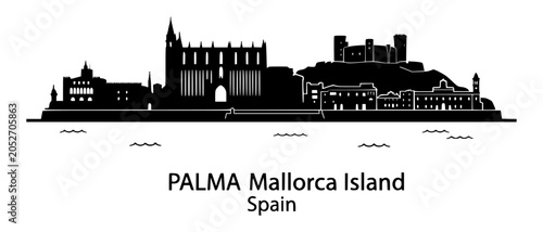 Bild auf Leinwand Palma de Mallorca Spain  SILHOUETTE Skyline Line Art Vector - La Seu Cathedral a