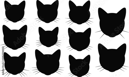 Foto A collection of charming minimalist black cat head silhouettes with whiskers in flat lighting isolated on white background