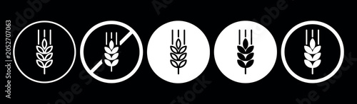 Wheat, Gluten Free Vector Flat Icons Set on Black Background. Allergen Free in Circle Prohibition Sign Symbol. Organic Food Allergen Free Labels Collection Inversion for Web, Packaging.