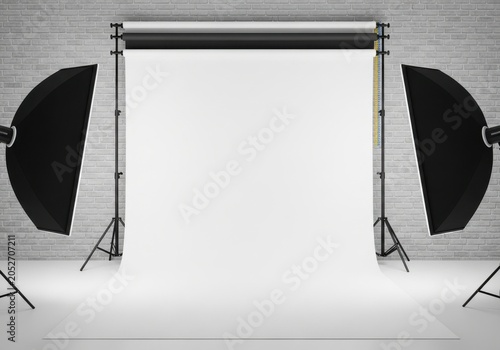 Studio setup with white backdrop, and softbox lights, lighting