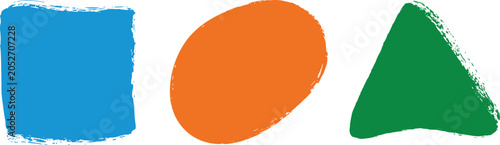 Bild auf Leinwand Set of creative hand painted blue square orange circle and green triangle brush stroke shapes on bright white backdrop