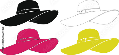 Foto Elegant wide-brimmed sun hat vector set, stylish women's fashion accessory, blac