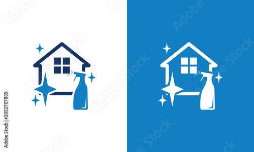 Photos Cleaning service logo with house and spray bottle blue and white design