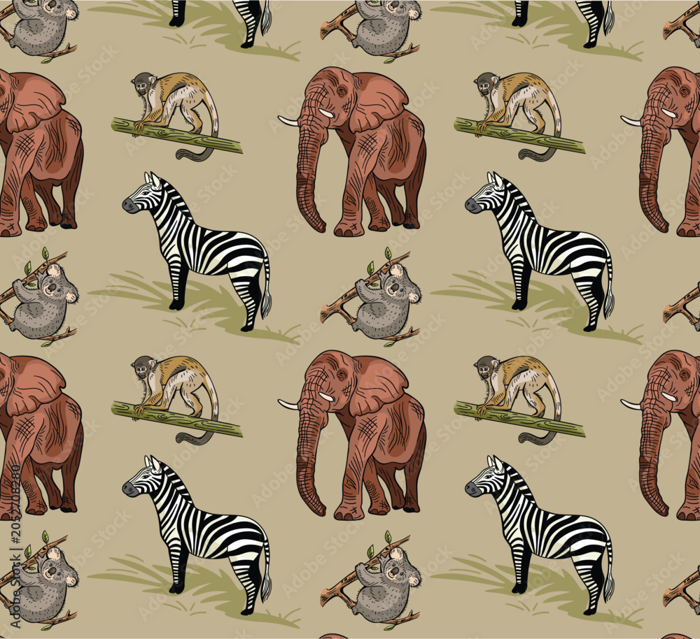 Obraz premium Safari repeat pattern design with elephant and zebra illustrations in vector