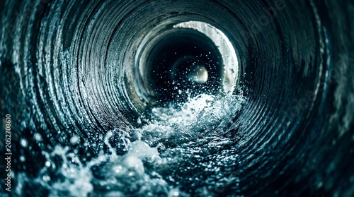 Hydro jetted water cleaning inside a large main sewer line.