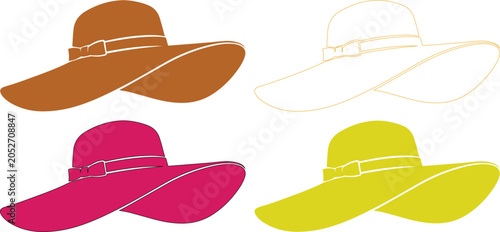 Tableau sur toile Elegant wide-brimmed sun hats vector set, stylish summer fashion accessories, co