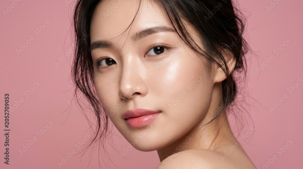 Naklejka premium Intimate portrait of a beautiful Asian woman with flawless skin highlighting facial care and K beauty.
