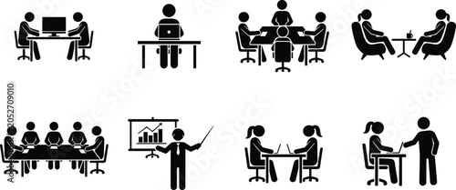 Business people stick figure icons showing teamwork office collaboration meetings presentations work discussions communication and corporate professional activities