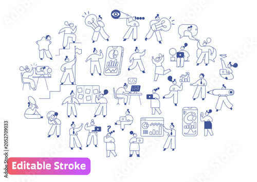Minimal business people character set with productivity, teamwork, analytics, ideas, success, goals and SaaS work scenes in blue outline vector style with editable strokes.