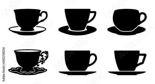 Fényképezés Six Black Coffee Cup and Saucer Silhouettes, Elegant Drinkware Icons, Classic Be