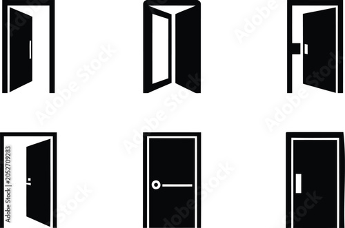 Foto Collection of six simple black door icons illustrating various states of opennes