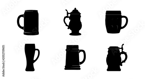 Φωτογραφία Beer Mug Silhouettes, Vintage Steins, Oktoberfest Drinkware Icons, Vector Set