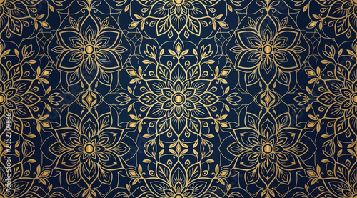 Canvastavla Seamless luxury pattern with golden floral mandala ornaments on a deep navy blue