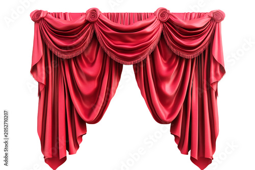 Fototapeta Luxurious red velvet curtain valance with decorative rosettes isolated on white isolated on transparent background