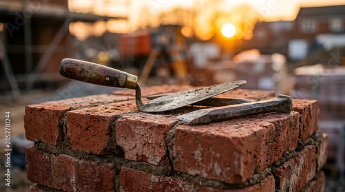 Bricklaying tools on red brick with sunset background celebrating labor day and construction work