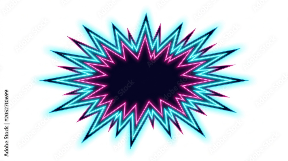 Fototapeta premium Vibrant Neon Explosion Comic Book Style Speech Bubble with Pink and Cyan Glowing Lines on White Background for Action and Pop Art Design