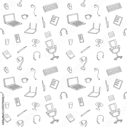 Seamless Hand Drawn Workspace Pattern. Vector Doodle Background with Office Supplies, Furniture, and Tech Devices for Freelance and Remote Work Concepts