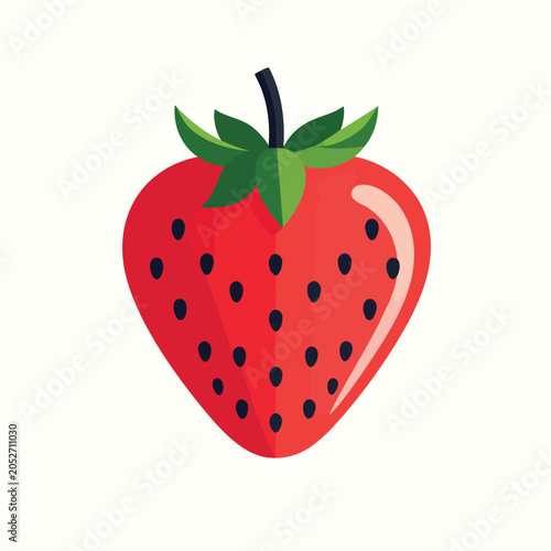 A vibrant and simple flat design illustration of a fresh red strawberry with green leaves.