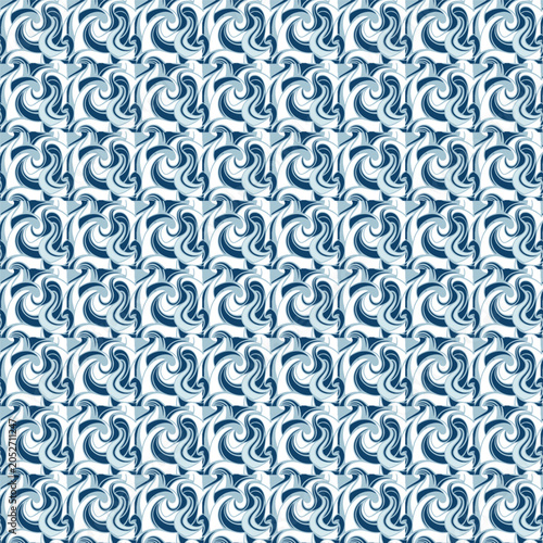 Seamless Blue and White Abstract Swirl Tile Pattern, Geometric Ocean Wave Motif Ceramic Style Ornament Background