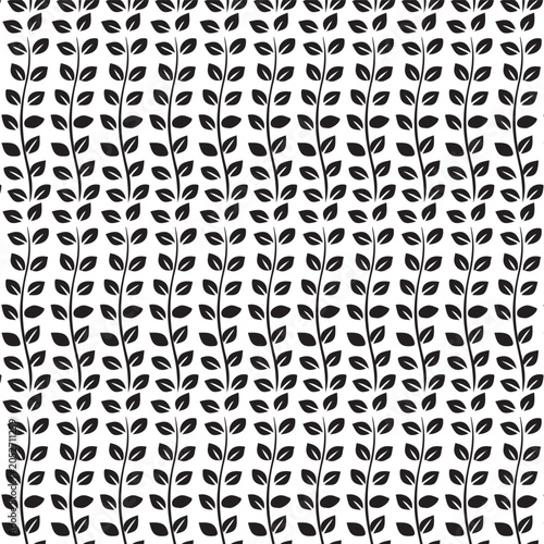 Seamless Black and White Foliage Pattern with Vertical Leafy Vines and Botanical Elements on a Plain Light Background