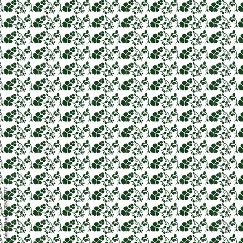 Seamless minimalist botanical pattern with elegant dark green leaves, dainty forest plant sprigs, clean nature foliage ornament, and repeating white vector background texture