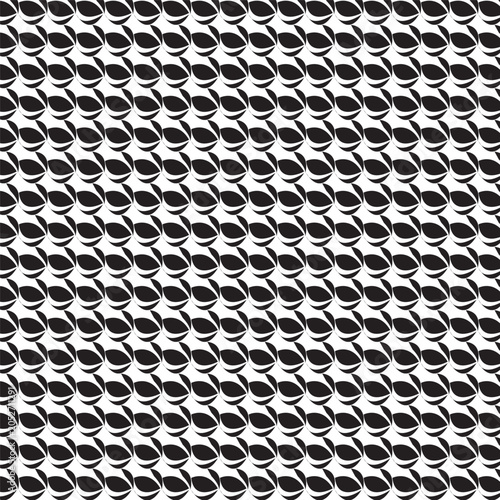 Seamless abstract geometric pattern with dense black and white micro shapes, modern minimalist optical illusion grid, repeating monochrome leaf motif, and creative vector background texture