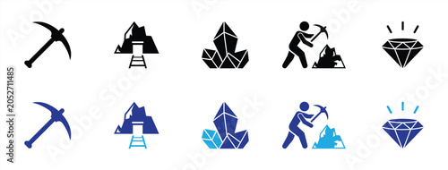 Bild auf Leinwand Mining and Gemstone Extraction Icons Set - Pickaxe, Mine Entrance, Crystal Clust