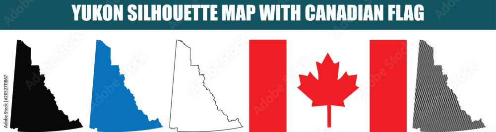 Obraz premium Yukon silhouette map with canadian flag vector illustration collection showing territory boundaries in black blue outline and striped styles for northern design.