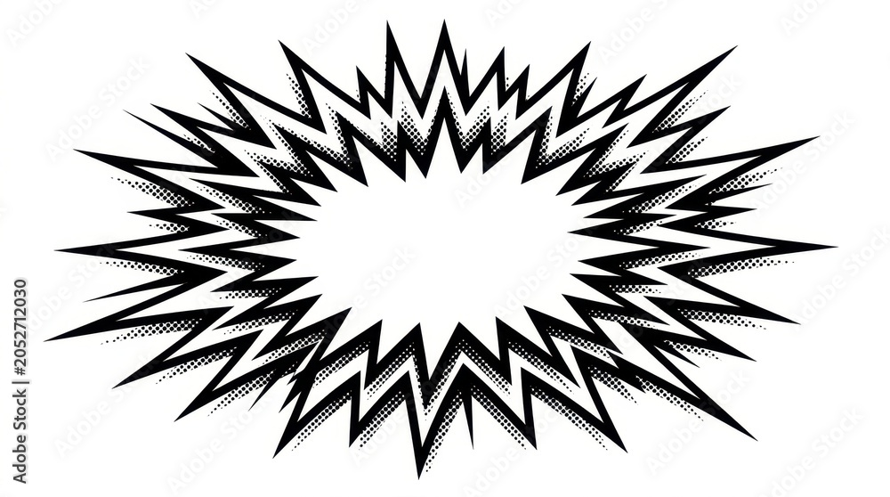 Fototapeta premium Comic Book Style Explosion Vector with Halftone Pattern, Black and White Retro Action Burst for Speech Bubble and Graphic Design