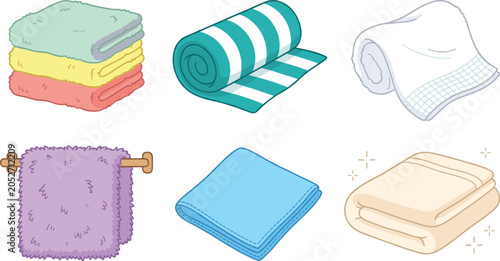 Bathroom towel vector icon set featuring rolled folded stacked and hanging soft cotton bath and beach linens