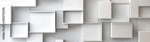 White and Gray Geometric Wall Abstract 3D Arrangement of Open Shelves and Solid Boxes. Modern, Minimalist Design with Depth and Shadows. ,Architecture ,Interior