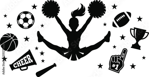 Cuadro en lienzo Black silhouette cheerleader with sports icons
