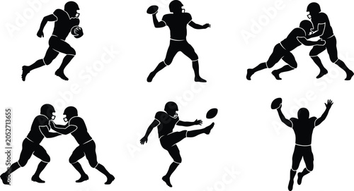 Фотография Black silhouettes of american football players in various actions
