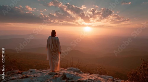 Jesus Christ standing on a mountain top with arms outstretched towards the sun at sunset
