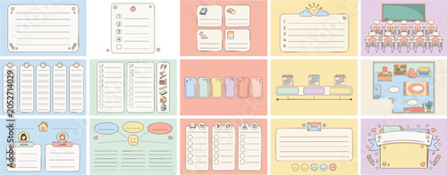 Set of cute vector stationery planner elements for school diary organization featuring colorful notepad designs and icons.