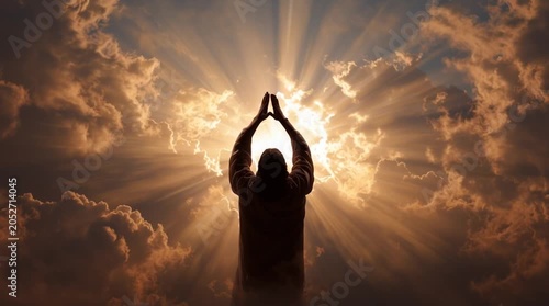 Jesus Christ with arms raised in glory surrounded by divine light and clouds