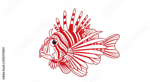 Red Lionfish Drawing, Marine Life, Vector Illustration