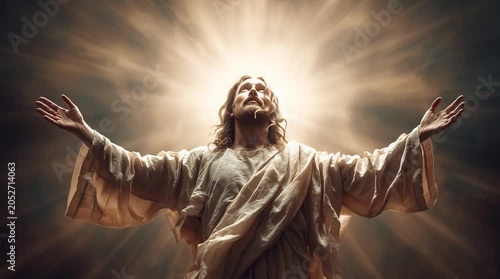 Jesus Christ with arms outstretched in divine light and glory