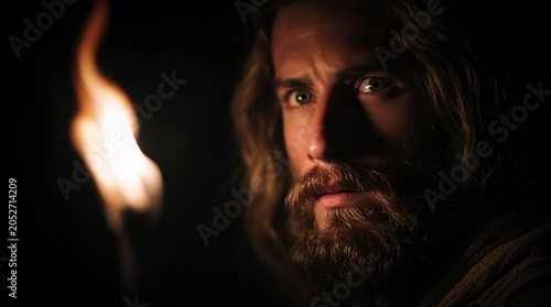 Close up of a man with long hair and beard illuminated by a torch in the dark