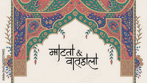 Mughal, Pichwai garden traditional vector illustration with temple pillar arch tropical plants peacock elephant palm tree and Indian woman design.