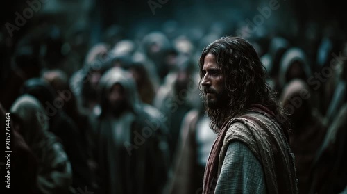 Jesus Christ stands before a crowd with a thoughtful expression, historical religious scene