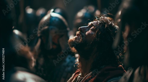 Jesus Christ wearing a crown of thorns surrounded by Roman soldiers in a dramatic scene
