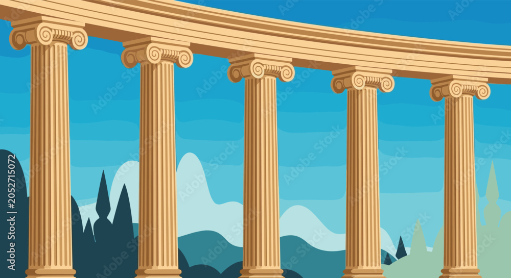 Fototapeta premium Panoramic view of several ancient classical architectural columns with ionic capitals standing against a blue sky and mountain backdrop.