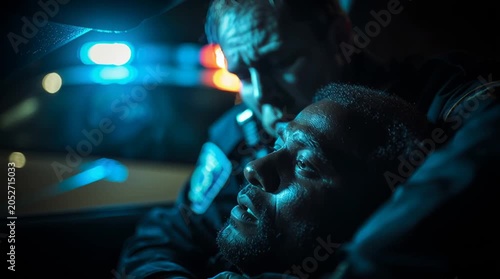 Police officer assisting injured man with flashing lights in background