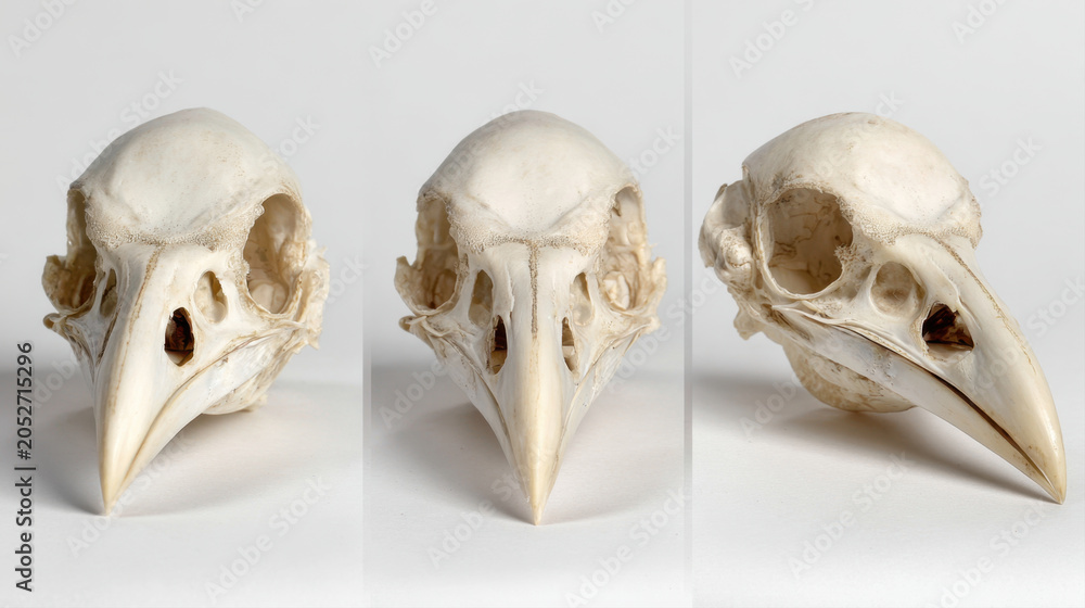 Obraz premium Raven or crow bird skull anatomy display shown from three different angles including front view and side profile, isolated on a clean white background for scientific, educational or gothic study
