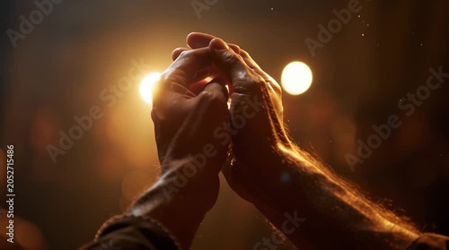 Man reaching out hands towards bright lights in a dark environment symbolizing hope and aspiration