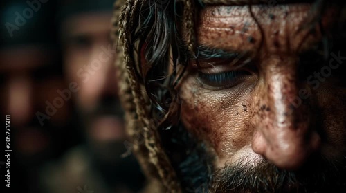 Close up of a weathered man's face with dirt and grime, intense blue eye, and beard