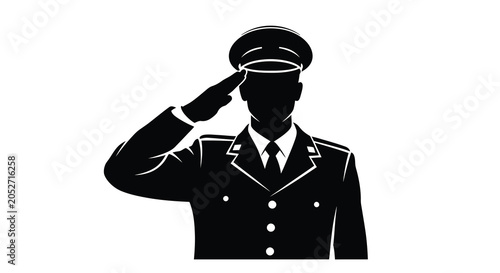 Bild auf Leinwand Military officer silhouette saluting with cap black and white graphic