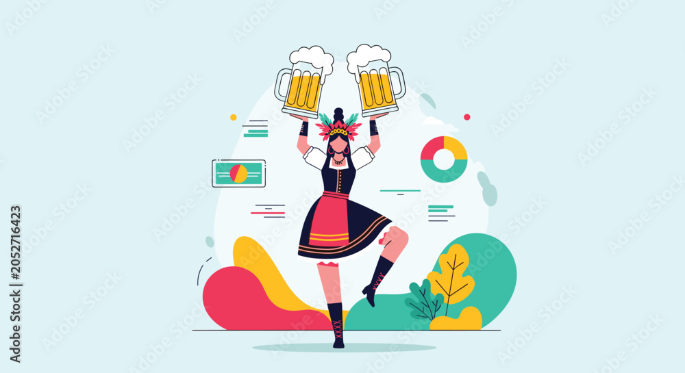 Fototapeta premium Joyful woman in a traditional dirndl outfit dances while holding up two large overflowing mugs of golden beer.