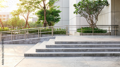 Accessible public entrance ramp handrail stair building exterior clean modern landscape sunlight